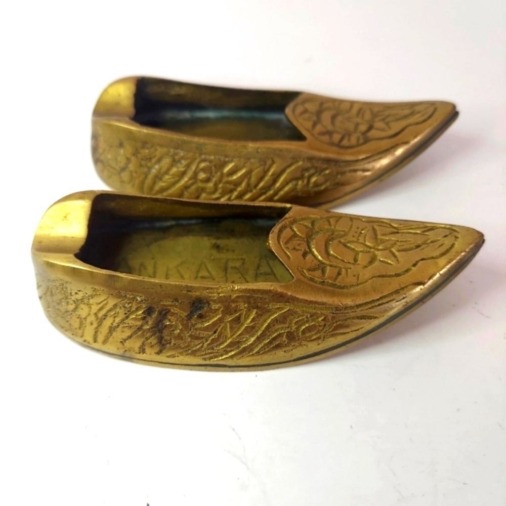 Vintage Ankara Turkey Islamic Solid Brass Hand Engraved Ashtray Shoe Slipper Set